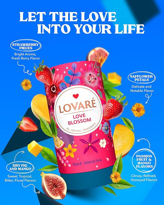 LOVARE Love Blossom Loose Leaf Tea 80 g - Black tea blend, Made in Ukraine - Dry Fig, Mango, and Strawberry Pieces, Safflower Petals, Passion Fruit & Mango Flavors - Tea Lovers Gift Box with 15 Paper Filters