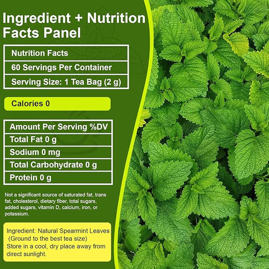Spearmint Tea Bags 60 Count - 100% Pure Natural Loose Leaf Teabags | Calming Digestive Relief, Fresh Breath, Caffeine Free Herbal Tea Mint