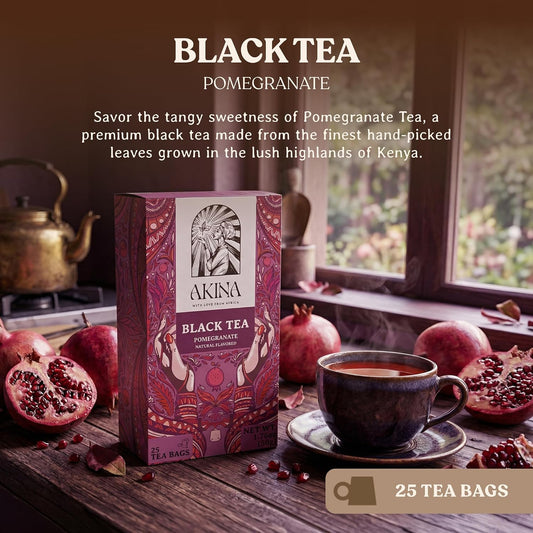AKINA - Pomegranate Flavored Black Tea Bags, Individually Wrapped, Fruity String and Tag Kenyan Pomegranate Tea Bags, Sweet and Tangy with Refreshing Aroma (Box of 25) (50g)