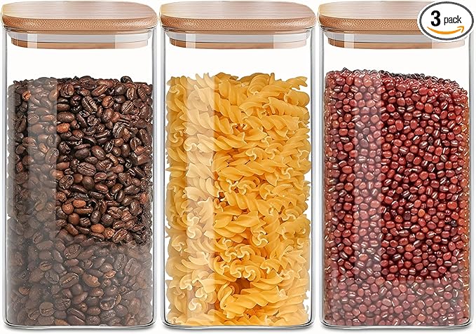 1.6 Qt Square Glass Storage Containers with Lids, Clear Food Storage Container Jar with Sealing Bamb