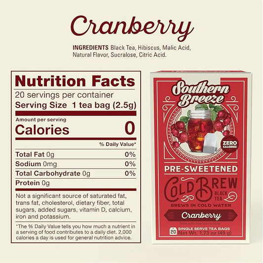 Southern Breeze Cold Brew Sweet Tea Cranberry Iced Tea with Black Tea and Zero Carbs Zero Sugar, 20 Individually Wrapped Tea Bags