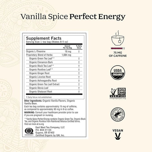 Yogi Tea Vanilla Spice Perfect Energy Tea - 16 Tea Bags per Pack (6 Packs) - Organic Vanilla Energy Tea - Focus Tea - Includes Green Tea, Black Tea, Ashwagandha, L-Theanine & More