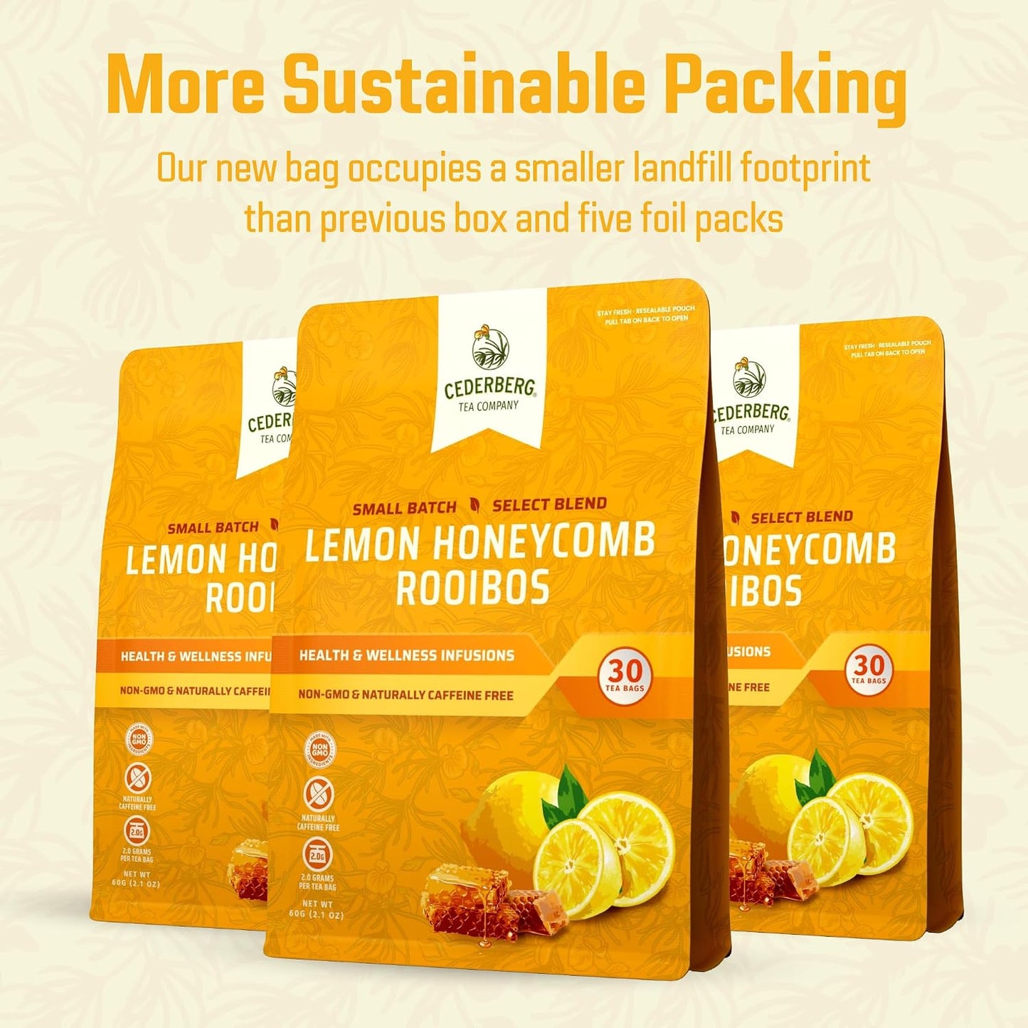 Cederberg Tea Company Lemon Honeycomb Rooibos Tea Bags - Made with Organic Red Rooibos Tea, South African Herbal Tea, Naturally Caffeine Free Tea, Small Batch - Select Blend Non-GMO, Premium Leaf, Antioxidant-Rich, 30 Count