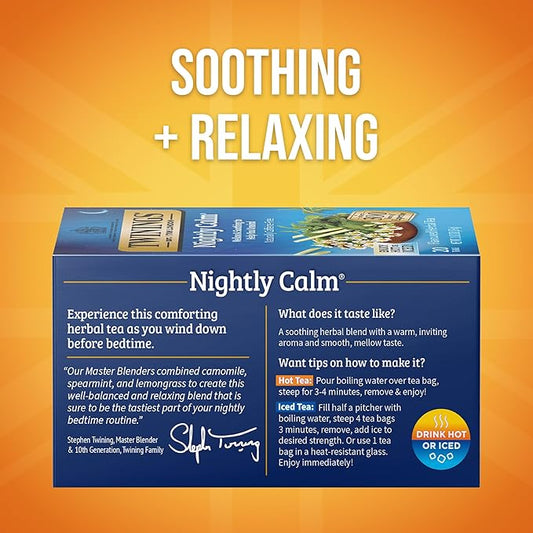 Twinings Nightly Calm Herbal Tea Individually Wrapped Bags, 20 Count (Pack of 1), Spearmint & Lemongrass, Naturally Caffeine-Free, Enjoy Hot or Iced, 20 Teabags
