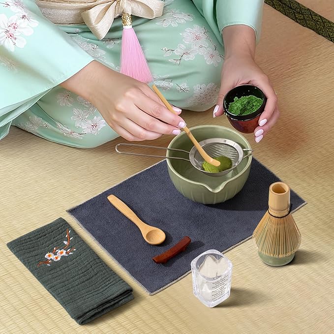 Matcha Whisk Set,10pcs Green Matcha Set for Ceremony,Matcha Whiskey and Rack,Ceramic Bowl,Spoon,Rack,Tea Sieve,Measuring Cup,Tea Scoop,Tea Towels and Mat,Tea Making Tools Gift for Matcha Lovers