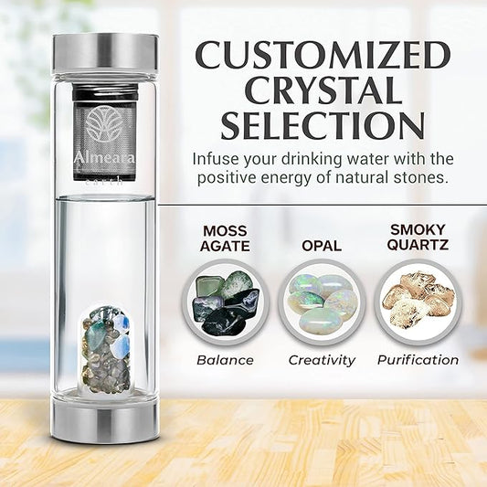 Almeara Crystal Water Bottle with Authentic Moss Agate, Opal Stones & Smoky Quartz Removable Gemstones, Loose Leaf Tea Infuser - Relaxation