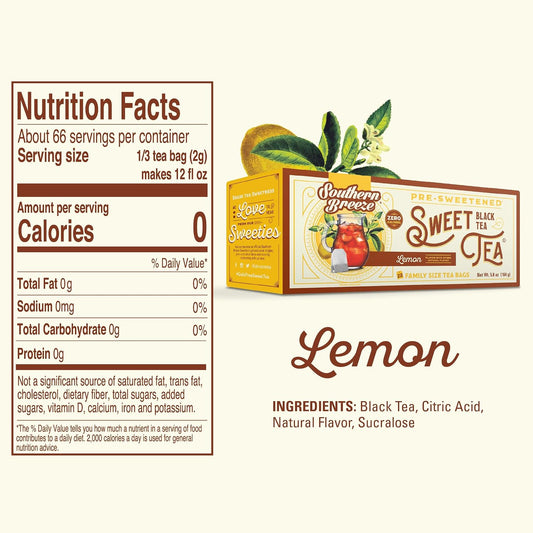 Southern Breeze Lemon Family Size Tea Bags, 22 Ct (Pack of 2) | Southern-Style Sweet Tea | By the Pitcher | Zero Sugar | Zero Carbs | Hot Brew Ready | Perfect for Family
