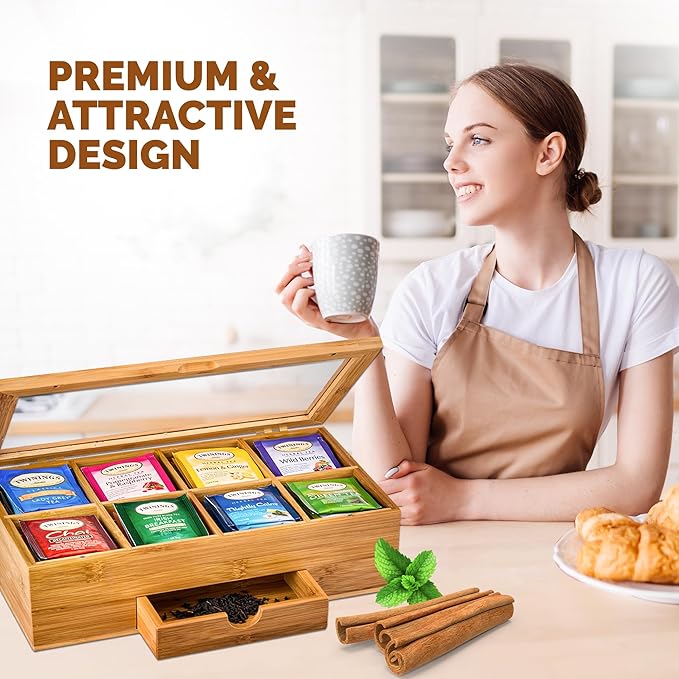 Tea Bag Organizer - Christmas Gift Bamboo Tea Box Organizer Storage Box, Tea Bag Holder with Drawer & Acrylic Window