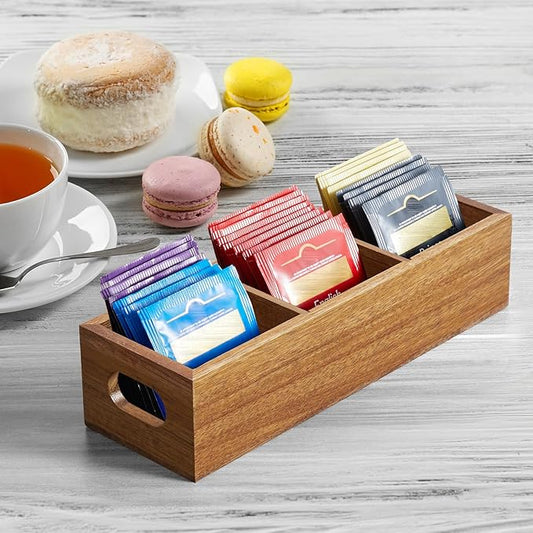 DRASTAR Tea Bag Organizer, Acacia Tea Bag Holder, Tea Storage Containers with 3 Slots, Wooden Tea Storage Accessories, Mini Tea Bag Caddy Box for Countertop