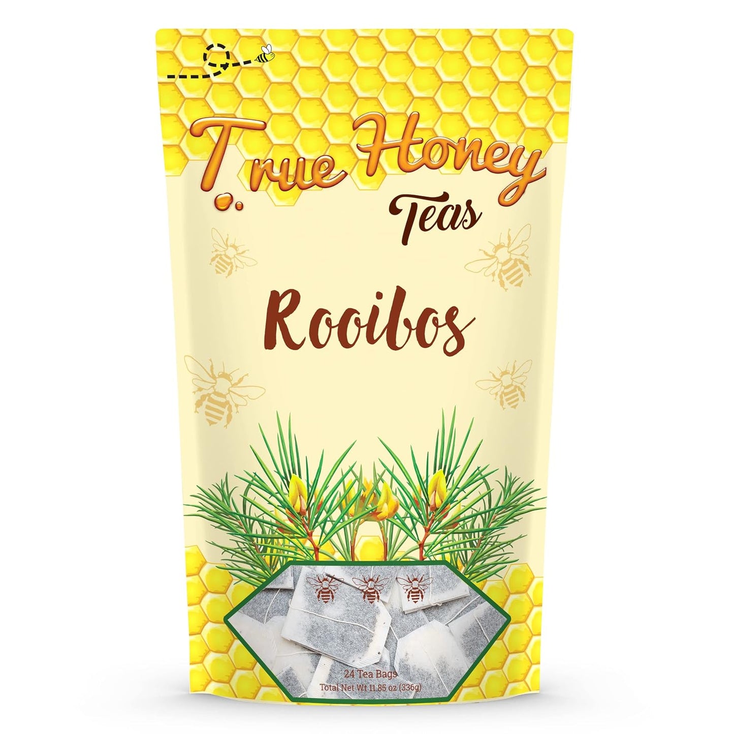 True Honey Rooibos Tea Bags - Honey Crystals Blended in Every Sachet - Decaf Red Rooibos Tea - All Natural Organic Herbal Caffeine Free Tea Bag 24 Count