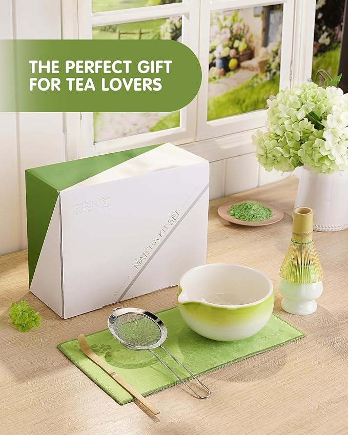 ZENS Matcha Whisk Set, 6pcs Matcha Kit Includes Ceramic Bowl, Handcrafted Bamboo Whisk and Chasen Holder, Scoop, 304 Sifter & Tea Mat,Matcha Set for Tea Ceremony,Latte Making, Green