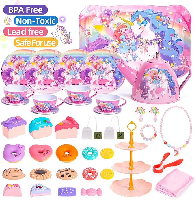 Unicorn Tea Party Set for Little Girls, Toddler Princess Toy Tea Set, Pretend Play Teapot Dessert Tea Cup Set Food Kitchen Playset