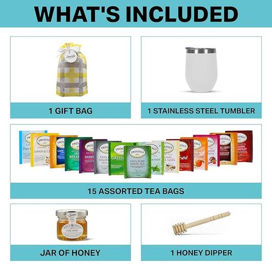 Tea Gift Set for Women & Men – Includes Assorted Teas, Elegant Mug & Honey (White)