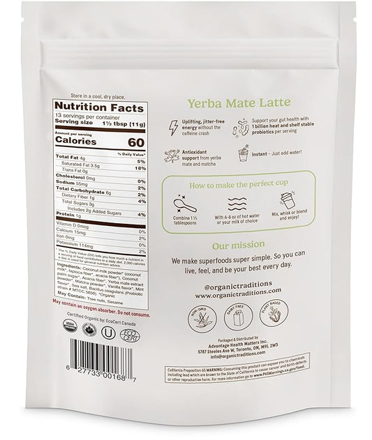 Organic Traditions Yerba Mate Tea Mint Latte with Matcha | Instant Dairy Free Superfood Latte | Instant Tea Latte | 150g/5.3oz Bag