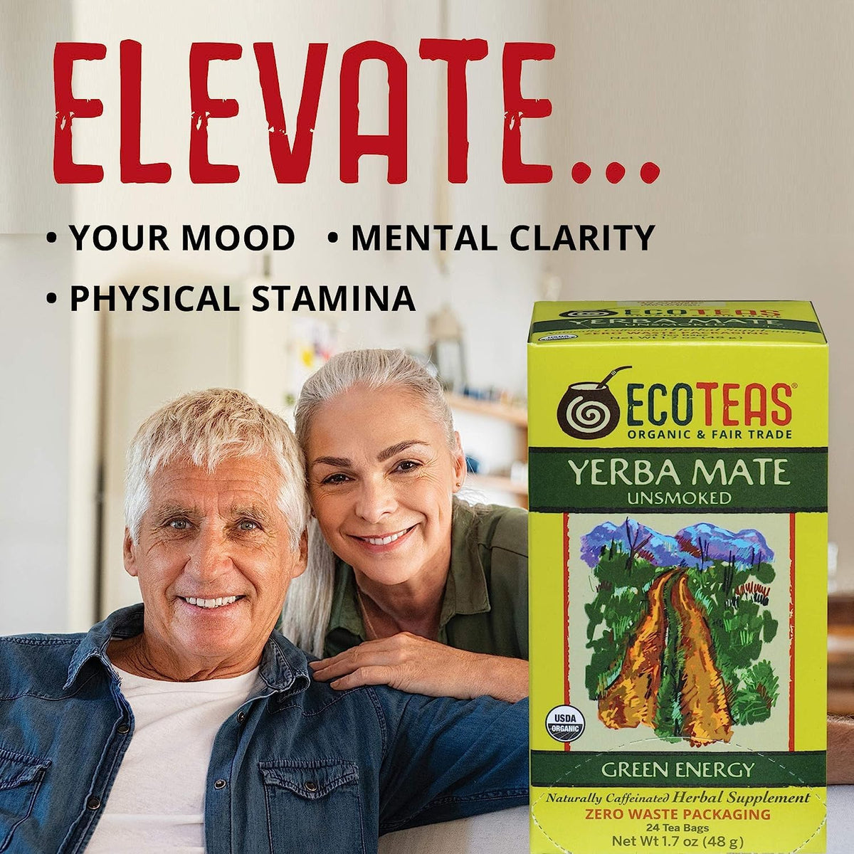 ECOTEAS Organic Yerba Mate Tea Bags Unsmoked 20mg Caffeine 24 Count 2 Pack