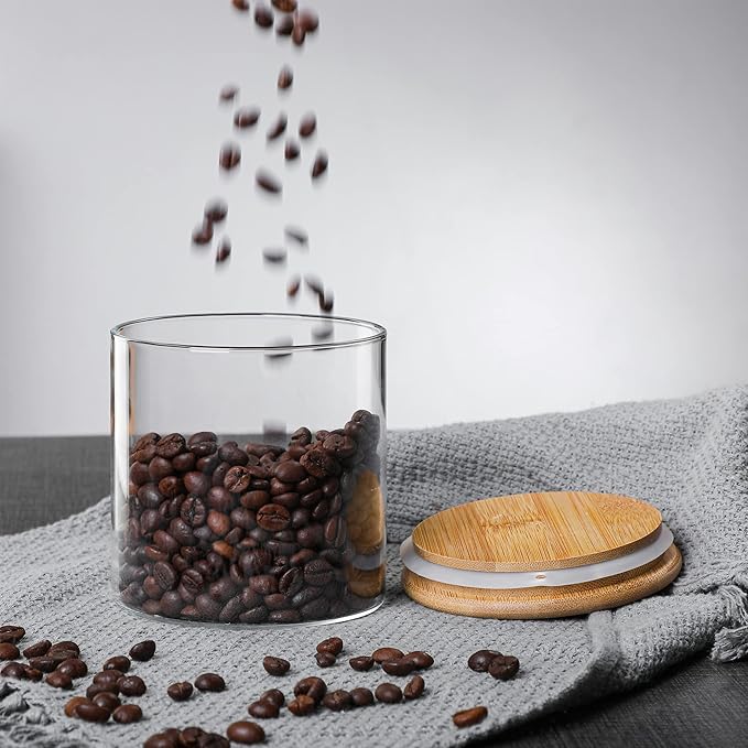 MOLFUJ 960 ML / 32 FL Oz Glass Storage Container with Wood Lid, Stackable Clear Decorative Organizer Bottle Canister Pantry Jar with Air Tight Wooden Lid for Food, Coffee, Candy, Sugar, Salt, Tea