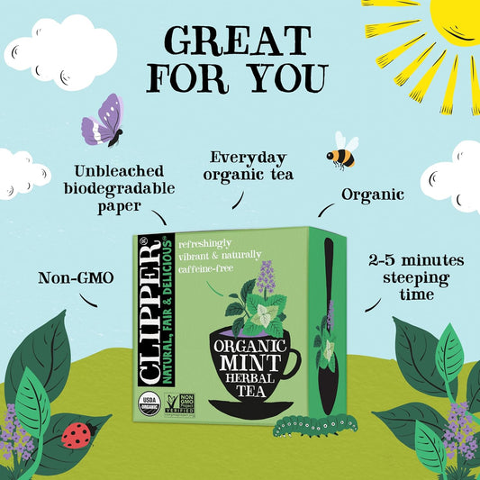 Clipper Organic Mint Herbal Tea, 4 Pack / 200 Tea Bags | Naturally caffeine free herbal tea in unbleached tea bags, USDA Organic, Non-GMO approved