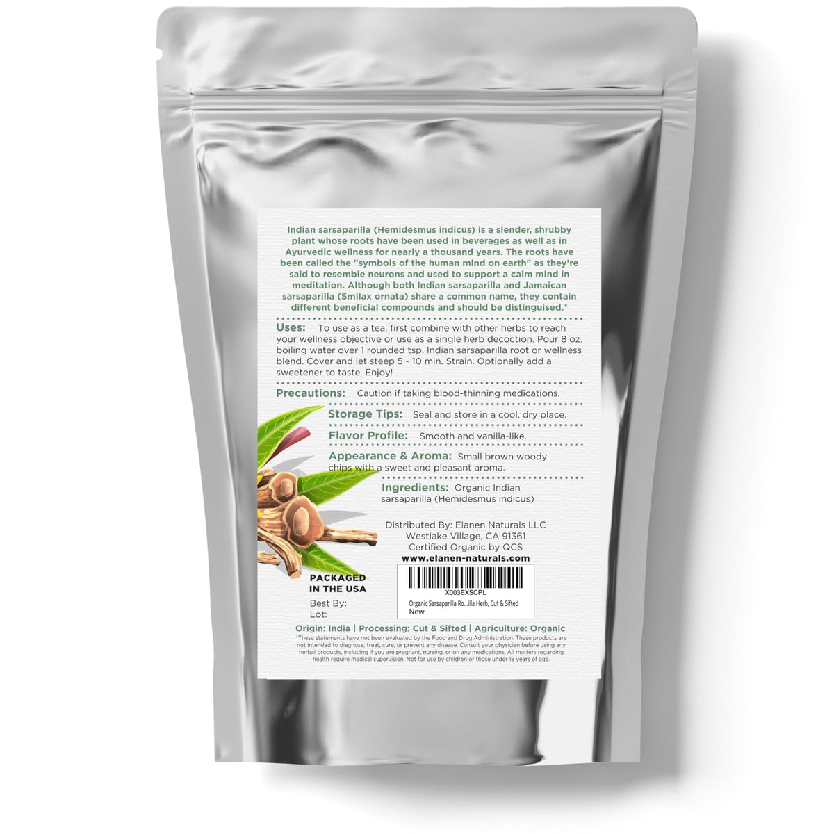 Elanen Naturals Organic Sarsaparilla Root 4 oz. (113g), USDA Certified Organic Indian Sarsaparilla Tea, Hemidesmus Indicus