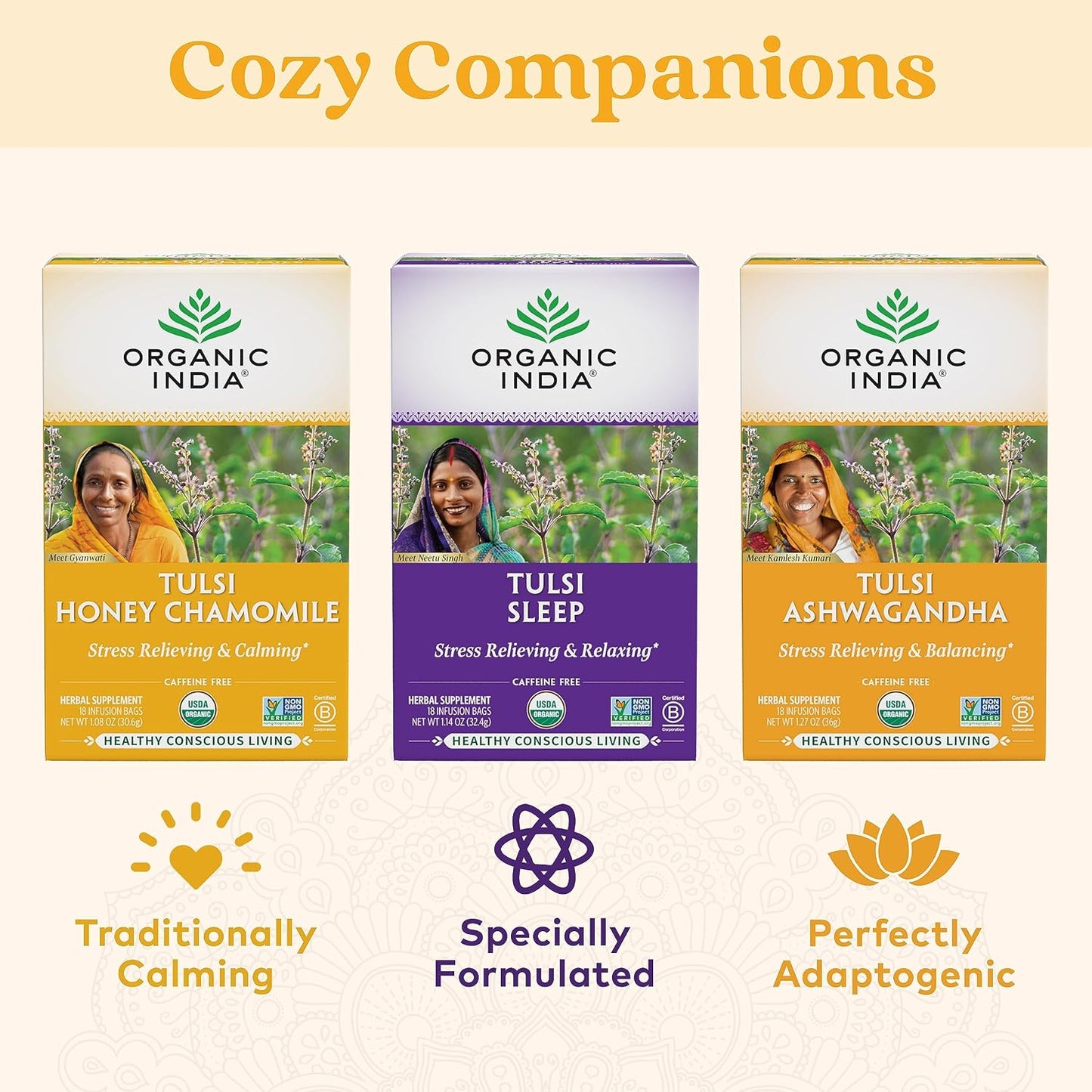 ORGANIC INDIA Tulsi Honey Chamomile Herbal Tea, 18 Infusion Bags, 6 Pack