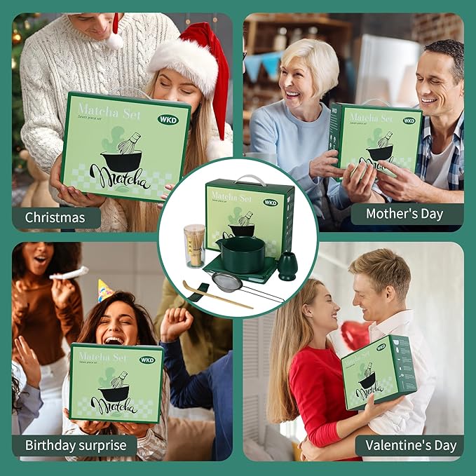 Dark Green Matcha Set,Matcha Whisk Set with Holder, Stainless Sifter & Scoop, Tea Towel,Traditional matcha making set,green tea ceremony,7Pcs