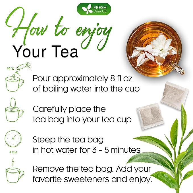 FreshDrinkUS, Premium 75 Jasmine Green Tea Bags. Natural & Pure. Herbal, Vegan. No Sugar, No Gluten. Made with Natural Material Tea Bags.