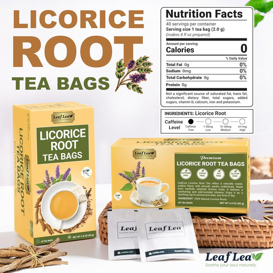 LeafLea Licorice Root Tea Bags, Caffeine-Free Naturally Sweet, 40 Count | Pure Egyptian Licorice Spice, Single Ingredient, Sugar-Free & Vegan, Foil-Wrapped for Lasting Freshness