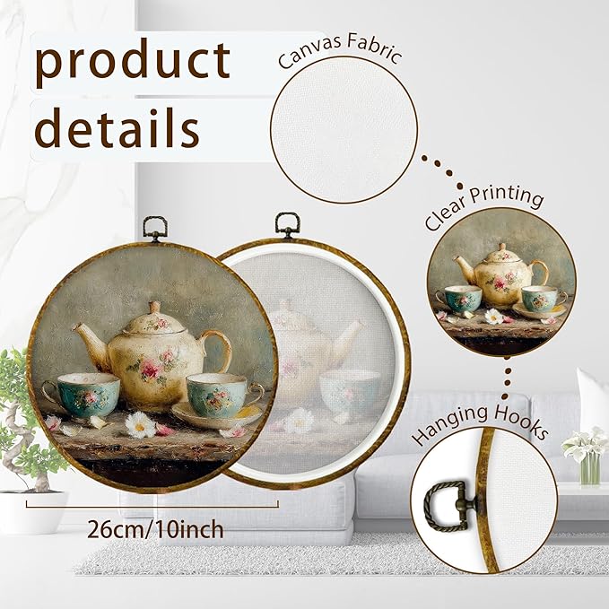 XPH Vintage Kitchen Round Wall Art Framed, Rustic Kitchen Circle Wall Decor, Farmhouse Country Tea Time Floral Teapot Hanging Canvas Prints for Kitchen Home Dining Room Decoration, 10x10 Inch