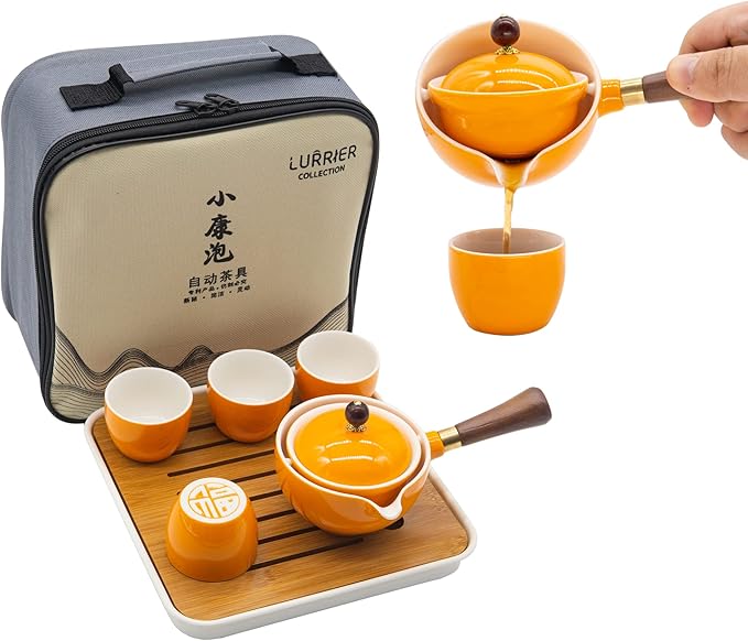 LURRIER Porcelain Chinese Gongfu Tea Set,Portable Teapot Set with 360 Rotation Tea maker and Infuser