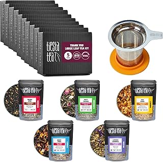Tiesta Tea - Thank You Loose Leaf Tea Kit (10 pack) Up to 500 Cups, High to No Caffeine, Hot & Iced, Tea Variety Pack with Green, Herbal, & Black, 5 Sample Pouches with Brewbasket Infuser Basket