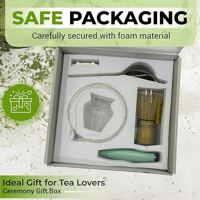 Matcha Whisk Set with Matcha Bowl - Matcha Set Included Electric Frother, Bamboo Whisk, Matcha Spoon, Bamboo Holder, Sifter, Spoon Stand (Clear Glass)