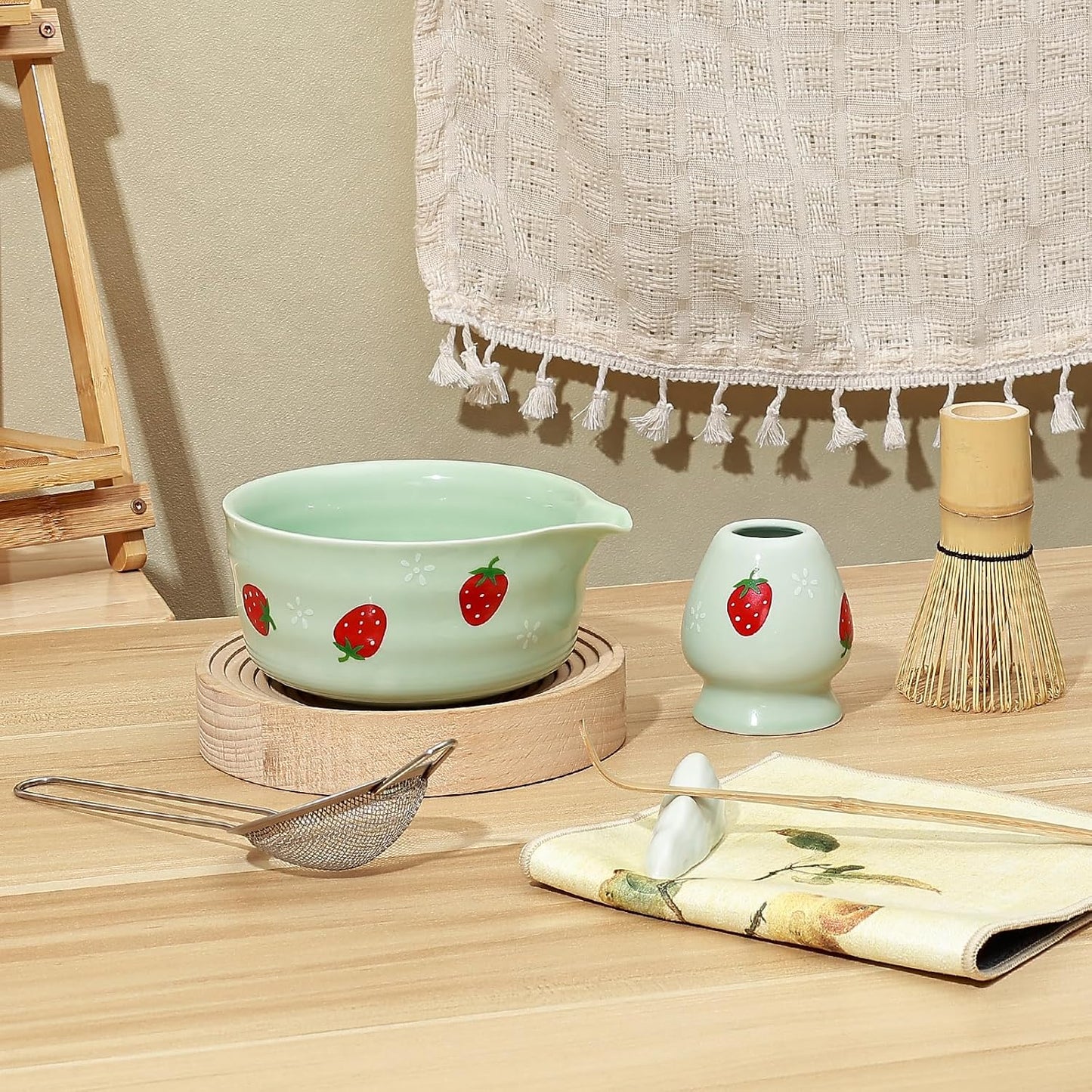 Koythin 7-Piece Blue-Green Strawberry Matcha Ceramic Tool Set | Full Matcha Preparation Set, Multi-Piece Matching Decor; Perfect Tea Lover Gift