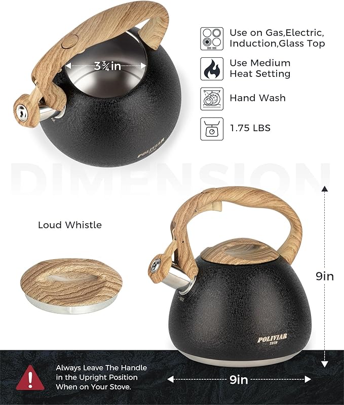 Poliviar Tea Kettle, 2.7 Quart Stovetop Tea Kettle, Audible Whistling Teapot with Crackle Finish, Food Grade Stainless Steel for Anti-Rust