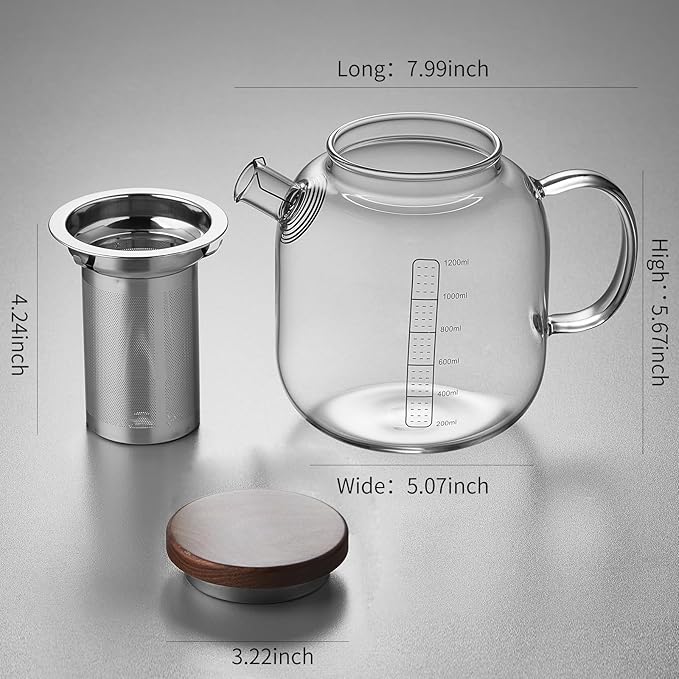 Glass Teapot With Stainless Steel Infuser 1200ml, Glass Tea Pot, Loose Leaf Tea Kettle, Glass Kettle Stovetop, Teapot With Strainer