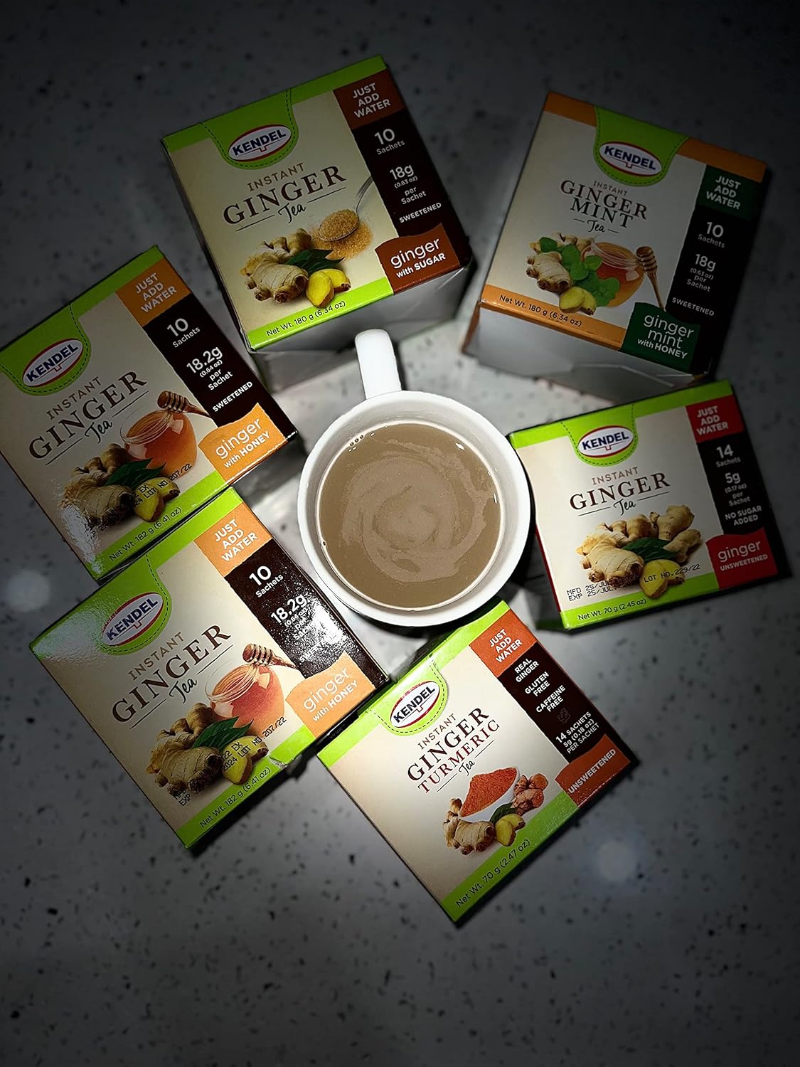 Kendel Instant Ginger Tea – Unsweetened Real Ginger Powder Drink – Caffeine Free Digestive Support – Hot or Cold Mix – 14 Sachets