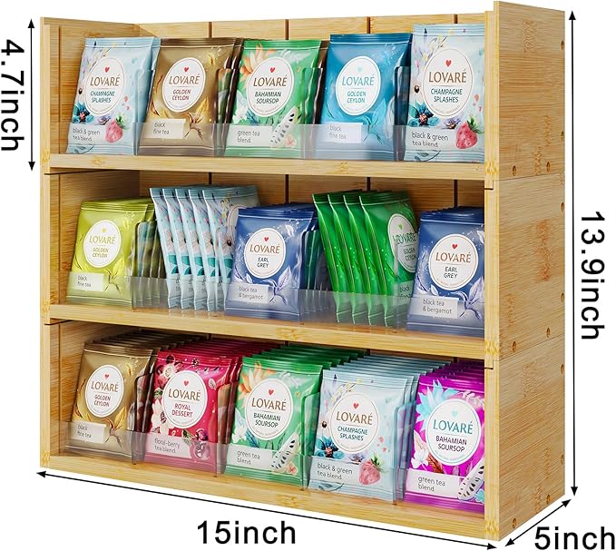 X-cosrack Bamboo Tea Bag Organizer Storage Box, 3 Tier Stackable Tea Bag Box Natural Wood, Wall Mount Tea Chests with Acrylic for tea bags Office Kitchen Cabinet Pantry
