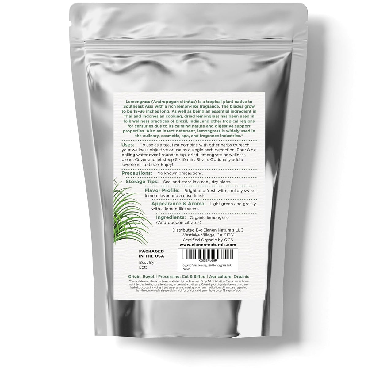 Elanen Naturals Organic Dried Lemongrass Tea 4 oz. (113g), USDA Certified Organic Lemon Grass Herb Leaf, Lemin Fever Grass, Te De Limon, Lemingrass Loose Leaves, Dried Lemongrass Bulk, Cut & Sifted