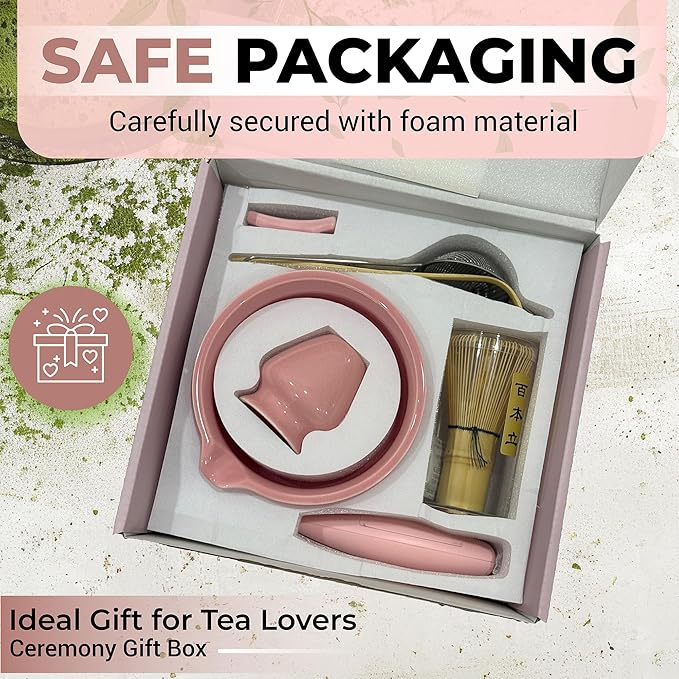 Matcha Whisk Set with Matcha Bowl - Matcha Set Included Electric Frother, Bamboo Whisk, Matcha Spoon, Bamboo Holder, Sifter, Spoon Stand (Simple Pink)