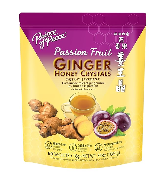Prince of Peace Instant Ginger Honey Crystal with Passion Fruit 18g x 60 (bag) – Instant Hot or Cold Beverage that Soothes Throat – Easy to Brew