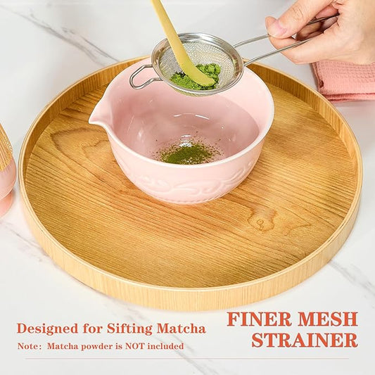 7-Pcs Pink Matcha Whisk Set, Japanese Ceremony Matcha Kit Includes Bowl With Spout, 100% Natural Bamboo Whisk and Holder, Scoop, Scoop Rest, Strainer and Tea Towel - Ideal Gift Christmas, Birthday