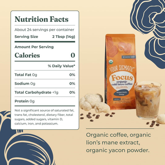 Four Sigmatic Organic Cold Brew Coffee Grounds | Dark Roast, Coarse Grounds with Lion's Mane and Chaga | Cold Brew Mushroom Coffee for Crash-Free Focus | 12 oz Bag