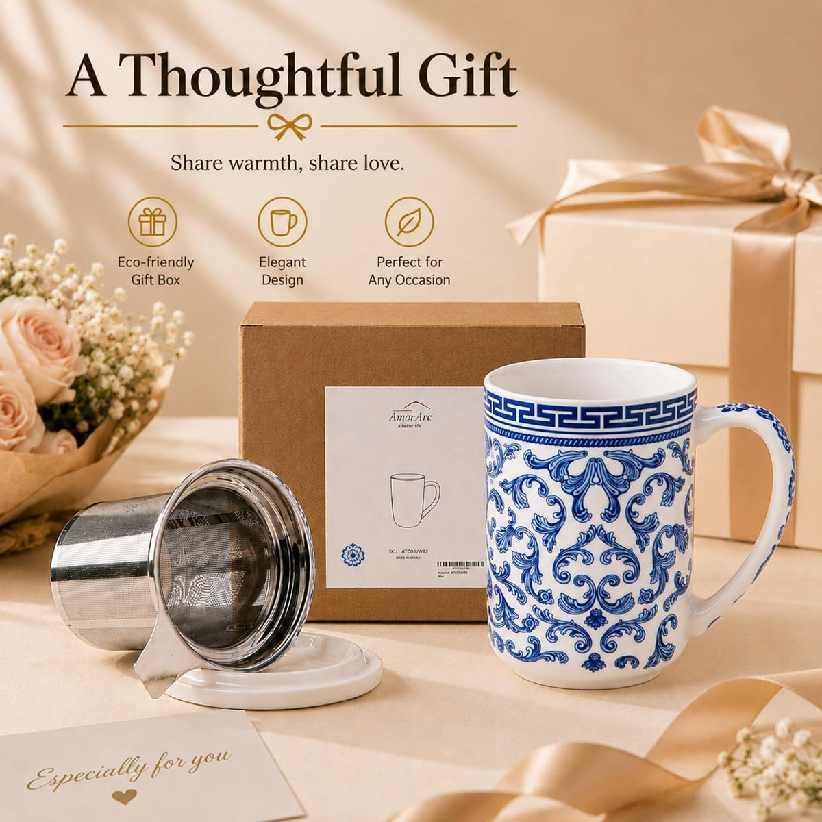 AmorArc Tea Cup With Infuser and Lid, 18oz Loose Leaf Tea Mug With Steeper