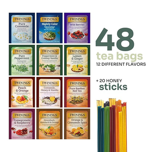 Twinings 48 Tea Bags Herbal Variety Pack – 12 Herbal Flavors with 20 Honey Sticks, Perfect Tea Gift Set for Any Occasion