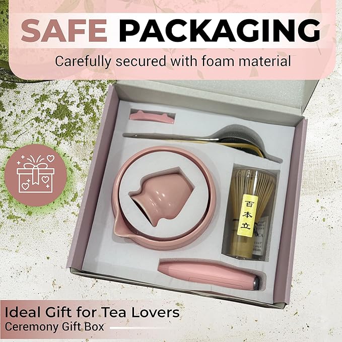 Matcha Whisk Set with Matcha Bowl - Matcha Set Included Electric Frother, Bamboo Whisk, Matcha Spoon, Bamboo Holder, Sifter, Spoon Stand (Blossom Pink)