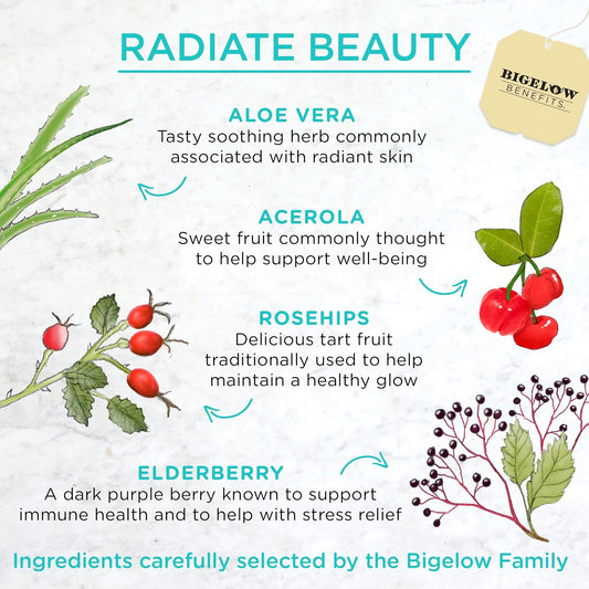 Bigelow Benefits Radiate Beauty Blueberry and Aloe Herbal Tea, Caffeine Free, 18 Count (Pack of 6), 108 Total Tea Bags