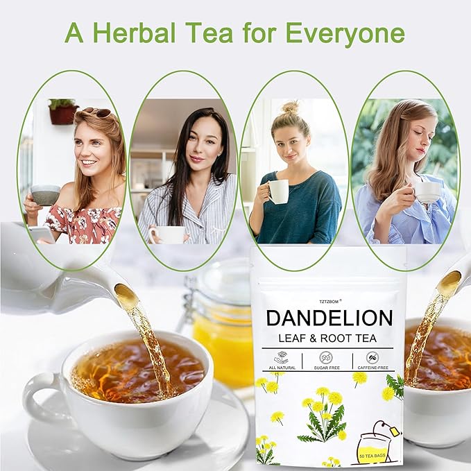 Dandelion Leaf & Root Tea Bags, 100% Natural Herbal Tea for Liver Support & Kidney Health, Caffeine-Free, Detox Herbal Tea Support Digestion & Boost Immune System (1 Pack/50 Bags)