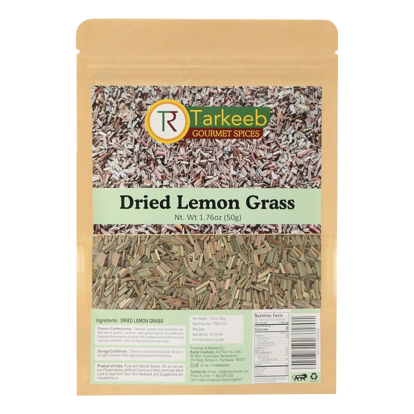 Tarkeeb Lemongrass – Dried Lemon Grass cut and sifted | Used for Cooking and Tea | All Natural | Gluten Free | NON-GMO | Vegan | Net Weight: 1.76oz/50g | Indian Origin |