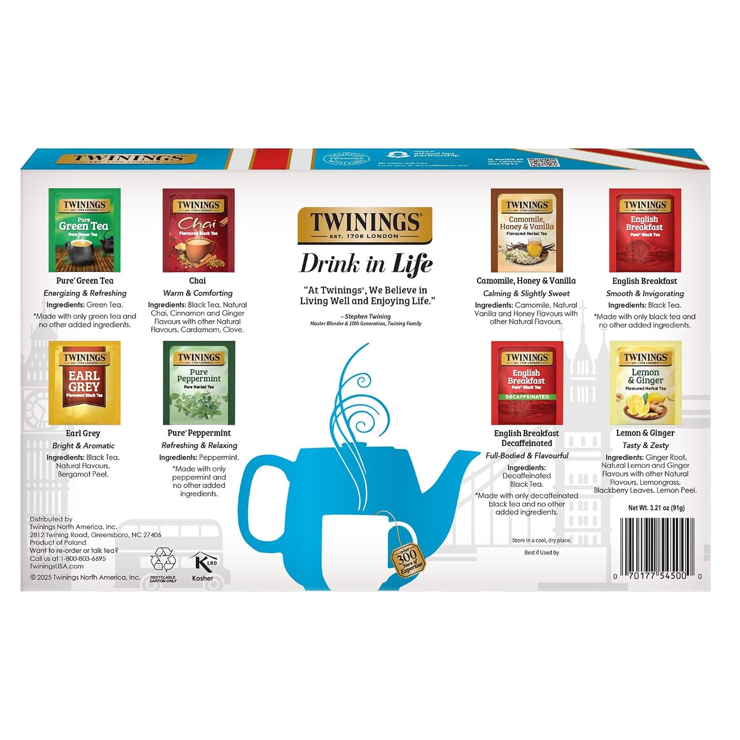 Twinings Classic Tea Collection Gift Box, 48 Tea Bags (1 Pack) | A Sampler of 8 Varieties of Black, Herbal, Green, & Chai Teas, In a Decorative Box, 48 Foil Lined Individually Wrapped Bags
