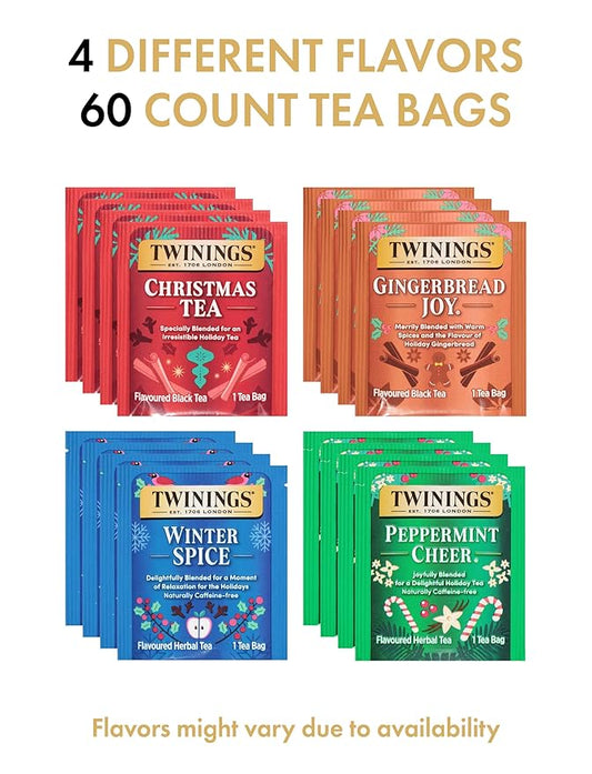 Twinings Christmas Holiday Tea Bag Variety Pack (60 Count), 4 Seasonal Flavors in a Bamboo Tea Chest Organizer, Gift for Women, Men, Friends, Couples, Mom, Dad, Family