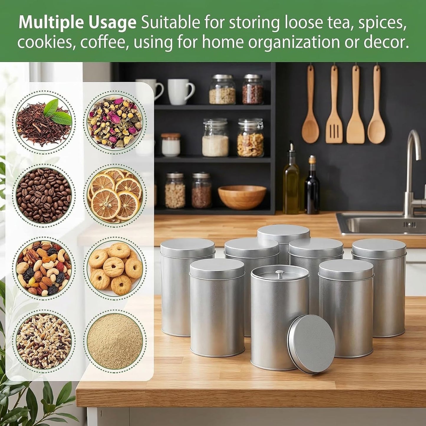 Yesland 6 Pack Tea Tin Canister with Airtight Double Lids, 12 Fluid Oz Tin Can Box and Small Round Kitchen Canisters for Loose Tea, Coffee, Candy, Herbs and Spices(Silver)