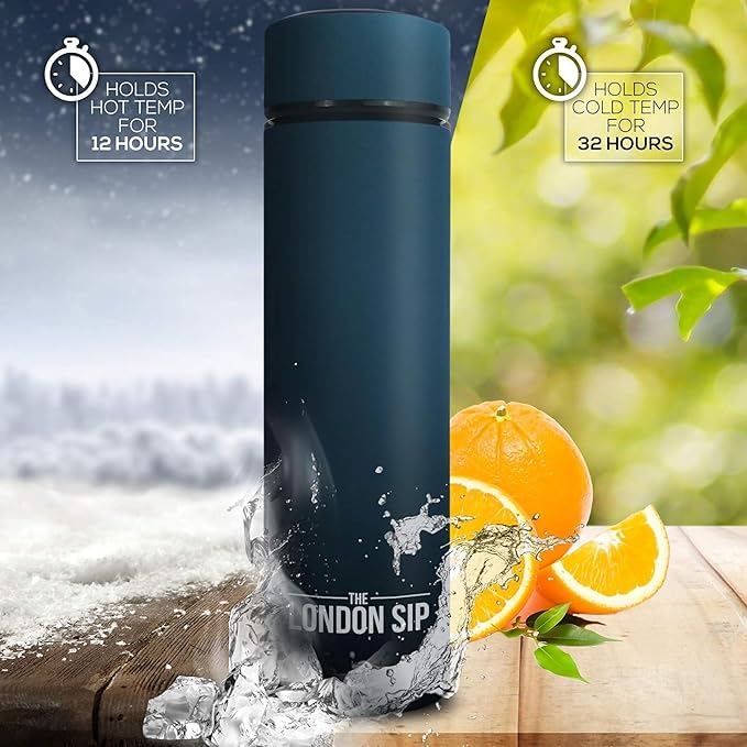 London Sip Multi-Purpose Tea Infuser Travel Mug and Tumbler Fruit Infuser Flask Hot and Cold Double Wall Stainless Steel Thermos with Extra-Long